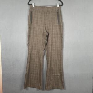 DKNY Pants Womens Medium Brown Plaid Flare Leg Faux Leather Trim Pockets Work